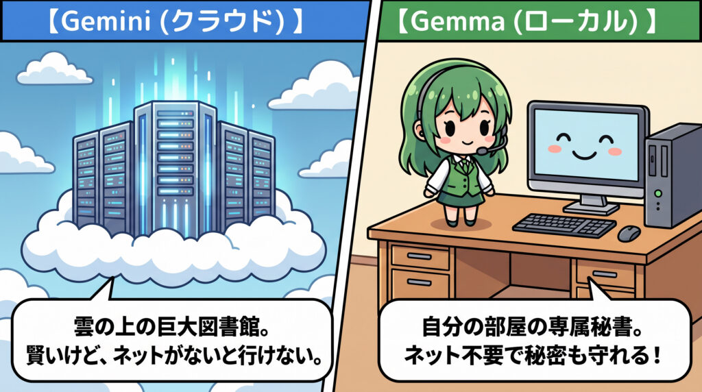 クラウドAIであるGemini（雲の上の巨大図書館）と、ローカルAIであるGemma（自分の部屋の専属秘書）の違いとメリットを比較した図解イラスト