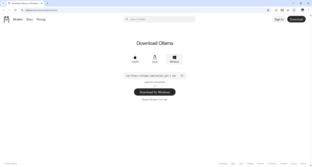 Ollamaの公式サイトのダウンロードページ。Windows版のダウンロードボタンが表示されている。