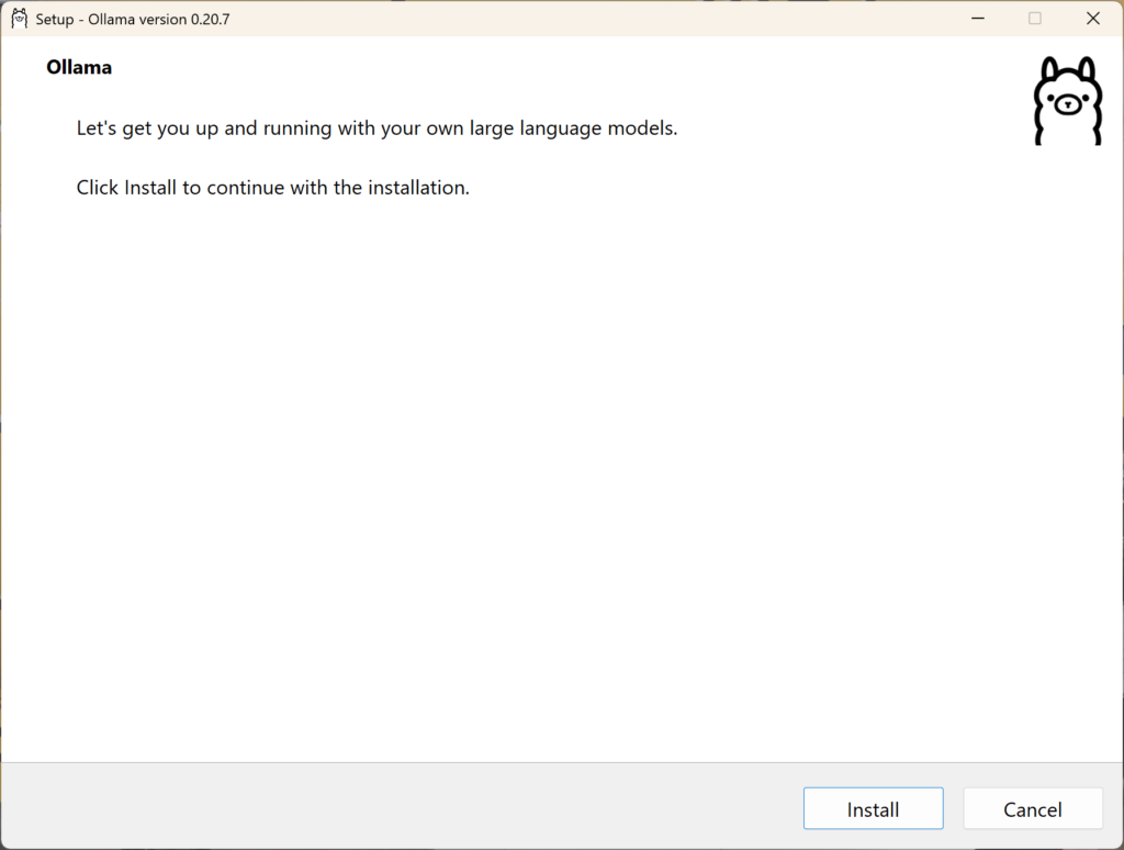 Ollamaのインストーラー画面。Installボタンが表示されたシンプルなインターフェース。