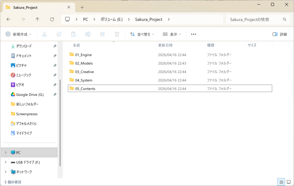 Eドライブに作成したAI開発プロジェクト「Sakura_Project」のフォルダ構成。01_Engineから05_Contentsまで整理されている。